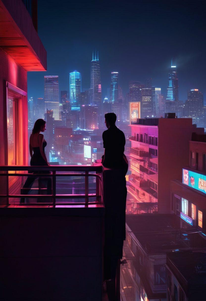 A striking juxtaposition of a neon-lit adult entertainment district with a shadowy figure contemplating on the edge of a rooftop, symbolizing the pull of risky behaviors. Vibrant colors illuminate the urban setting while adding a touch of mystery, with blurred silhouettes of others indulging in nightlife below. Incorporate elements like a city skyline, flickering neon signs, and a sense of tension in the air. super-realistic. vibrant colors. night scene.