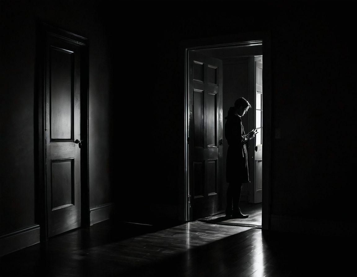 A dimly lit room with a partially closed door, revealing a shadowy figure contemplating a smartphone displaying explicit content. The contrast between light and dark symbolizes the tension between desire and consequence. Subtle hints of personal items scattered around reflect individual choices and struggles. A soft light illuminating the door creates a mysterious aura. moody atmosphere. surreal style. dark tones.